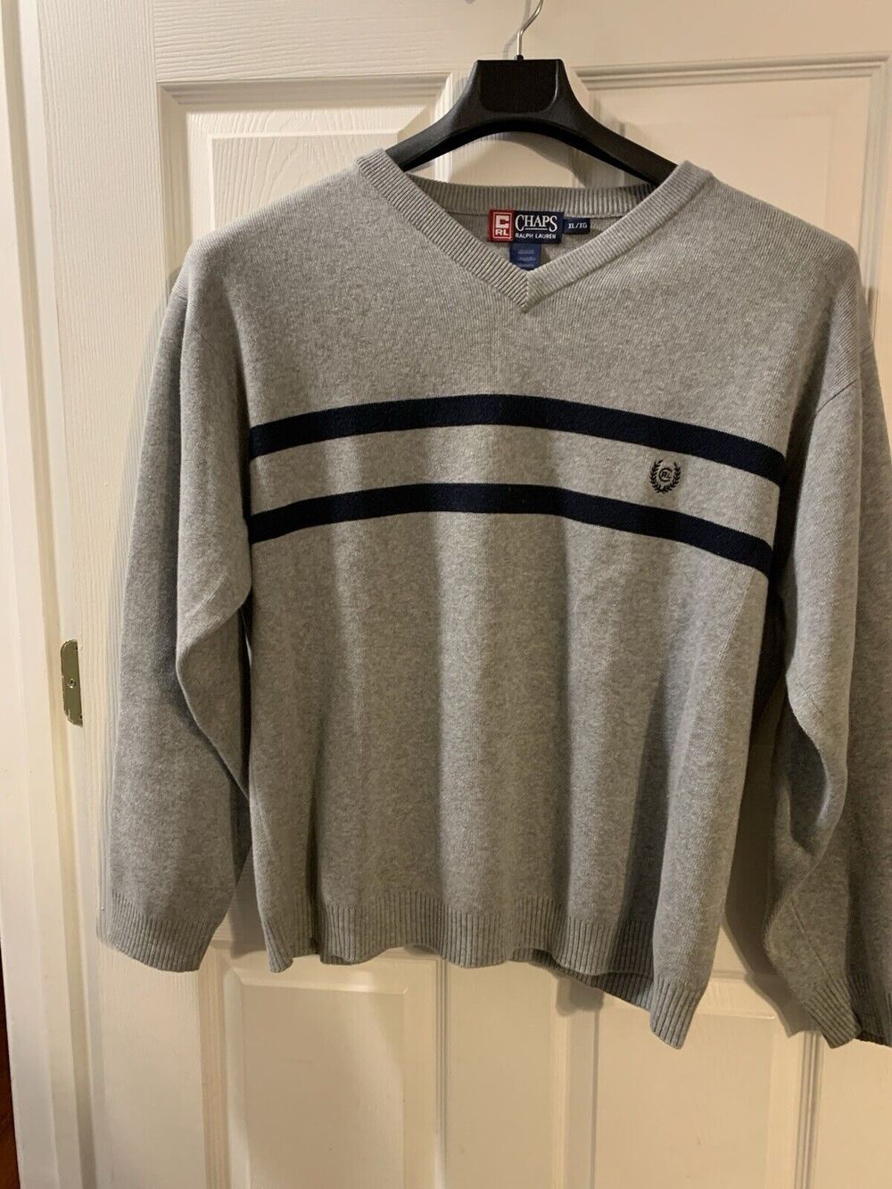 Chaps Ralph Lauren Men's Knit Sweater XL Grey With 2 Black Stripes 100% Cotton